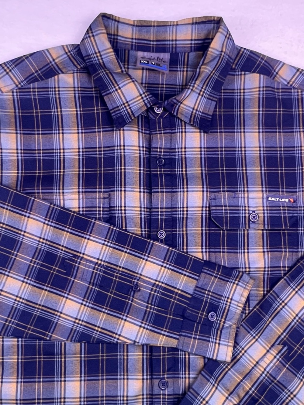 Salt Life Men’s 2XL SLX Performance Navy Flannel Button Down Long Sleeve Shirt